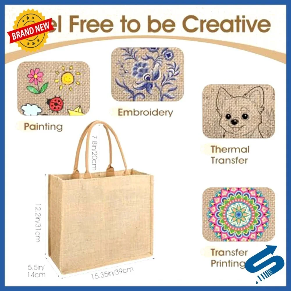 Reusable Jute Tote Bags Natural Burlap Eco-Friendly Grocery Shopping Travel